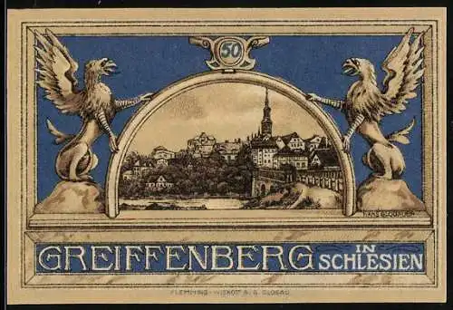 Notgeld Greiffenberg 1920, 50 Pfennig, Stadtansicht mit Greifen und floralen Mustern