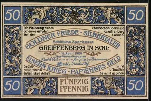 Notgeld Greiffenberg 1920, 50 Pfennig, Stadtansicht mit Greifen und floralen Mustern