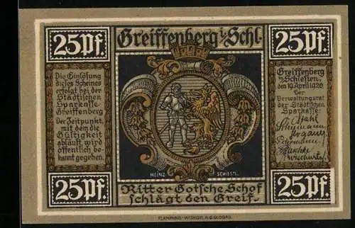 Notgeld Greiffenberg 1920, 25 Pfennig, Ritter mit Greif und königliche Szene, Dank an Friedrich den Grossen