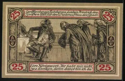 Notgeld Greiffenberg 1920, 25 Pfennig, Ritter mit Greif und königliche Szene, Dank an Friedrich den Grossen