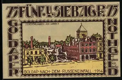 Notgeld Goldap 1921, 75 Pfennig, Zerstörungen am Markt nach Russeneinfall 1914, Wappen, Signaturen