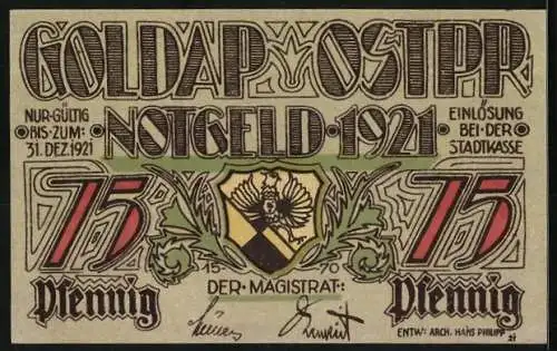 Notgeld Goldap 1921, 75 Pfennig, Zerstörungen am Markt nach Russeneinfall 1914, Wappen, Signaturen