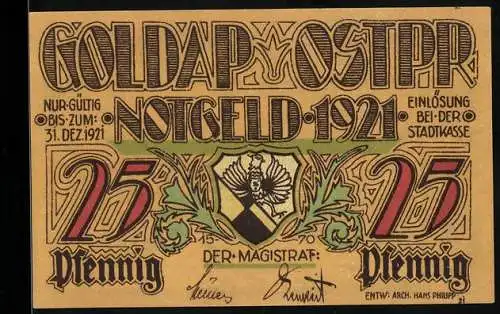 Notgeld Goldap 1921, 25 Pfennig, Stadtansicht Alt-Goldap, Wappen und Unterschriften des Magistrats