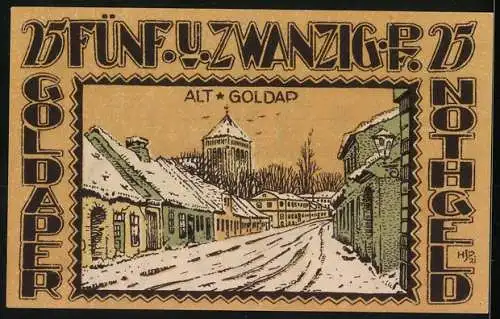 Notgeld Goldap 1921, 25 Pfennig, Stadtansicht Alt-Goldap, Wappen und Unterschriften des Magistrats