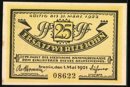 Notgeld Stettin 1921, 25 Pfennig, Deutschlands grösster Ostseehafen, Seriennummer 08622