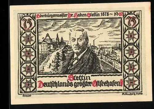 Notgeld Stettin 1921, 75 Pfennig, Dr. Haken und Hafenansicht, Segelschiff, Seriennummer 01161