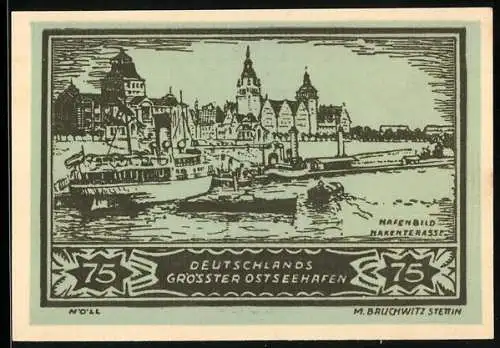 Notgeld Stettin 1921, 75 Pfennig, Hafenansicht mit Stadtpanorama, Ser.-Nr. 31328