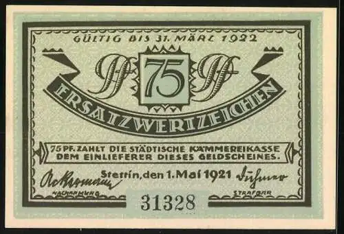 Notgeld Stettin 1921, 75 Pfennig, Hafenansicht mit Stadtpanorama, Ser.-Nr. 31328