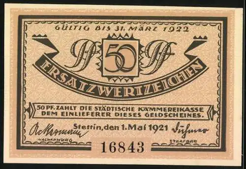 Notgeld Stettin 1921, 50 Pfennig, Deutschlands grösster Ostseehafen mit Kohlekränen, Seriennummer 16843