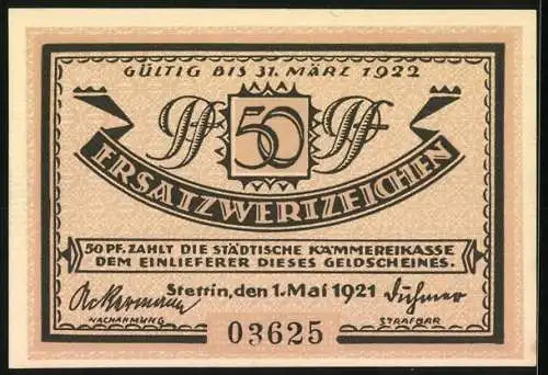 Notgeld Stettin 1921, 50 Pfennig, Vulcan-Werft und grösster Ostseehafen, Seriennummer 03625