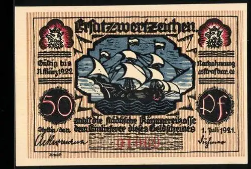 Notgeld Stendal 1921, 50 Pfennig, Segelschiff und Karl Löwe mit Kirche, Seriennummer, Wappen