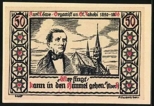 Notgeld Stendal 1921, 50 Pfennig, Segelschiff und Karl Löwe mit Kirche, Seriennummer, Wappen