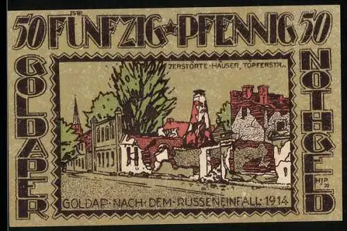 Notgeld Goldap 1921, 50 Pfennig, zerstörte Häuser Töpferstr. nach Russen-Einfall 1914, Wappen, Unterschriften