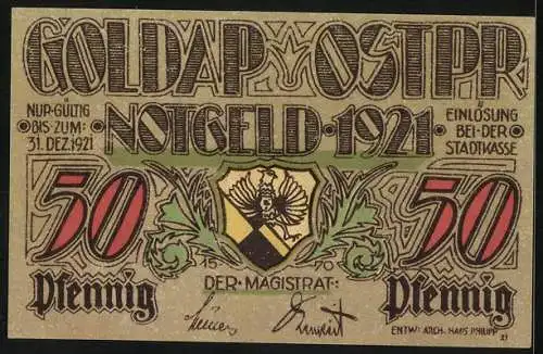 Notgeld Goldap 1921, 50 Pfennig, zerstörte Häuser Töpferstr. nach Russen-Einfall 1914, Wappen, Unterschriften