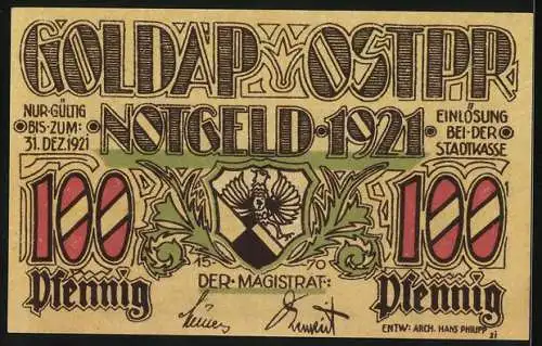 Notgeld Goldap 1921, 1 Mark, Wiederaufbau 1916, Wohnhaus und Wappen mit Adler, von Hans Philipp entworfen