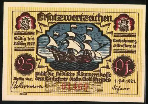 Notgeld Stettin 1921, 25 Pfennig, Robert Prutz und Segelschiff, Seriennummer 01469, Wappen und Gültigkeit 1922