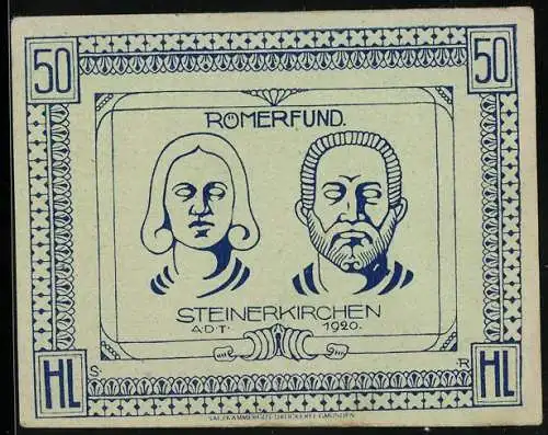 Notgeld Steinerkirchen 1920, 50 Heller, Römerfund Porträts, Salzburger Druckerei