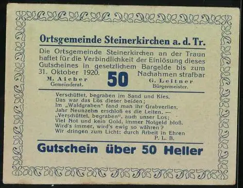 Notgeld Steinerkirchen 1920, 50 Heller, Römerfund Porträts, Salzburger Druckerei