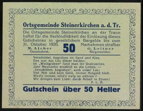 Notgeld Steinerkirchen 1920, 50 Heller, Römerfund-Motive mit Gesichtern und Gedicht, Gutscheintext