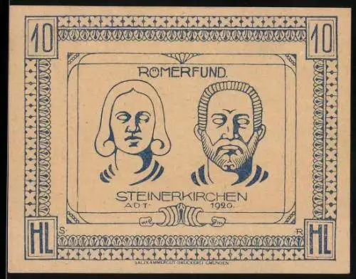 Notgeld Steinerkirchen 1920, 10 Heller, Römerfund-Motive, Porträts von Mann und Frau