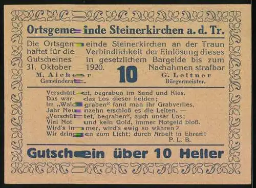 Notgeld Steinerkirchen 1920, 10 Heller, Römerfund-Motive, Porträts von Mann und Frau