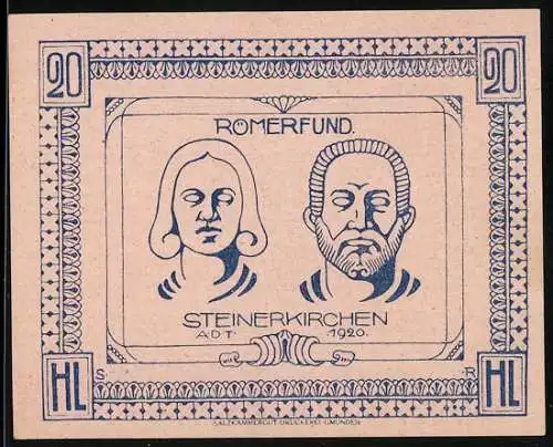 Notgeld Steinerkirchen 1920, 20 Heller, Römerfund-Motiv mit Gesichtern und Schriftzug, Gedicht auf Rückseite