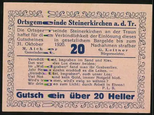 Notgeld Steinerkirchen 1920, 20 Heller, Römerfund-Motiv mit Gesichtern und Schriftzug, Gedicht auf Rückseite