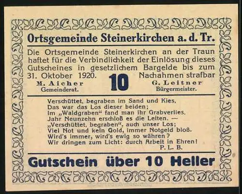 Notgeld Steinerkirchen 1920, 10 Heller, Römerfund-Motive mit Porträts und Text