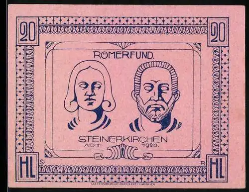 Notgeld Steinerkirchen 1920, 20 Heller, Römerfund mit zwei Porträts