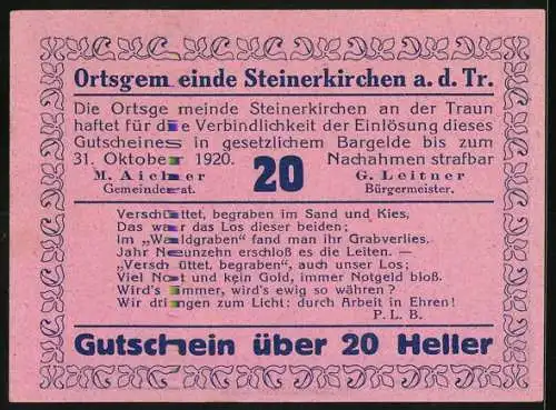 Notgeld Steinerkirchen 1920, 20 Heller, Römerfund mit zwei Porträts