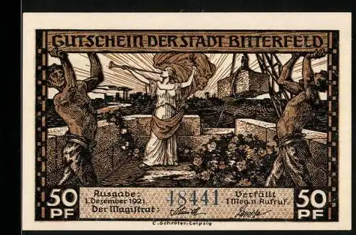 Notgeld Bitterfeld 1921, 50 Pfennig, Bergbau und Bergarbeiter, Seriennummer 18441