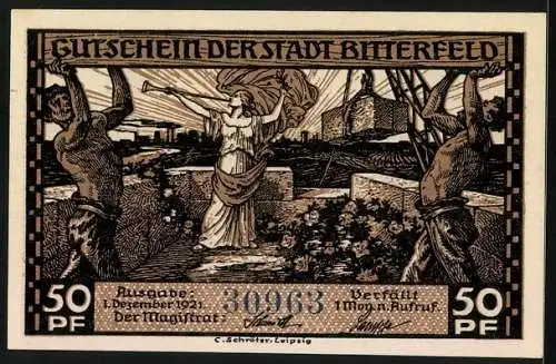 Notgeld Bitterfeld 1921, 50 Pfennig, Kohlenausfuhr mit Eisenbahn, Seriennummer 30963