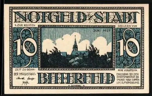 Notgeld Bitterfeld 1921, 10 Pfennig, Stadtansicht und altes Kornhaus von 1565