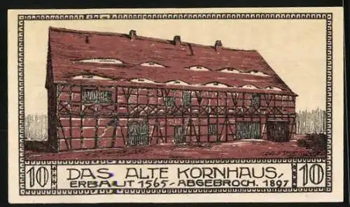 Notgeld Bitterfeld 1921, 10 Pfennig, Stadtansicht und altes Kornhaus von 1565