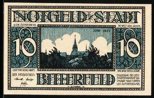 Notgeld Bitterfeld 1921, 10 Pfennig, Stadtansicht und das alte Kornhaus von 1565