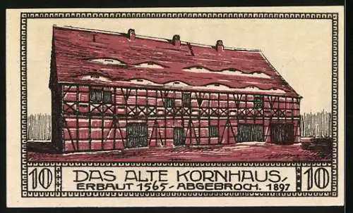 Notgeld Bitterfeld 1921, 10 Pfennig, Stadtansicht und das alte Kornhaus von 1565