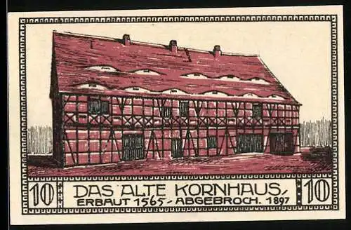 Notgeld Bitterfeld 1921, 10 Pfennig, Altes Kornhaus und Stadtsilhouette mit Kirche