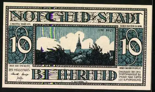 Notgeld Bitterfeld 1921, 10 Pfennig, Altes Kornhaus und Stadtsilhouette mit Kirche