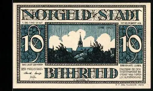 Notgeld Bitterfeld, 10 Pfennig, Stadtansicht und altes Kornhaus, erbaut 1565, abgerissen 1897