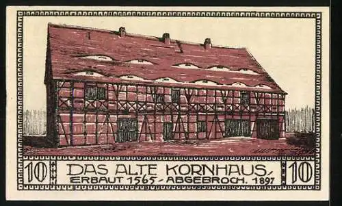 Notgeld Bitterfeld, 10 Pfennig, Stadtansicht und altes Kornhaus, erbaut 1565, abgerissen 1897