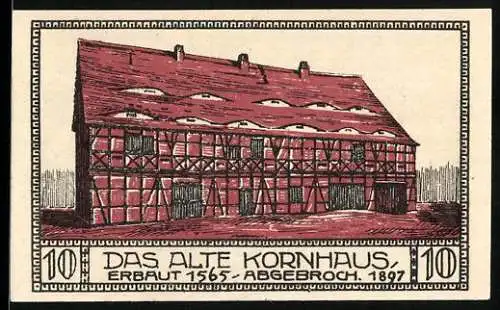 Notgeld Bitterfeld 1921, 10 Pfennig, altes Kornhaus und Stadtansicht mit Kirche