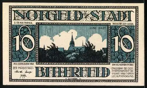 Notgeld Bitterfeld 1921, 10 Pfennig, altes Kornhaus und Stadtansicht mit Kirche