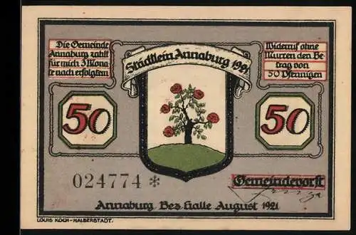 Notgeld Annaburg 1921, 50 Pfennig, Rosenbaum und Spruch über Sorgen und Likör, Seriennummer 024774