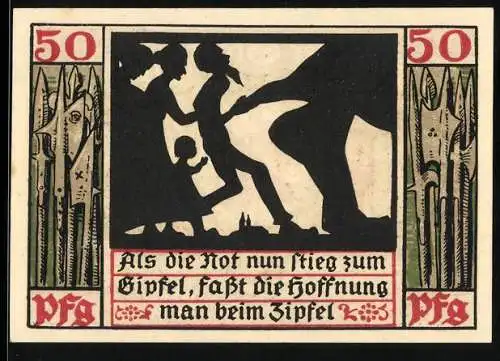 Notgeld Naumburg 1920, 50 Pfennig, Silhouetten von Menschen, Kirschen und Wappen mit Schlüssel und Schwert