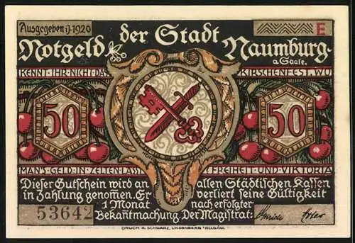 Notgeld Naumburg 1920, 50 Pfennig, Silhouetten von Menschen, Kirschen und Wappen mit Schlüssel und Schwert