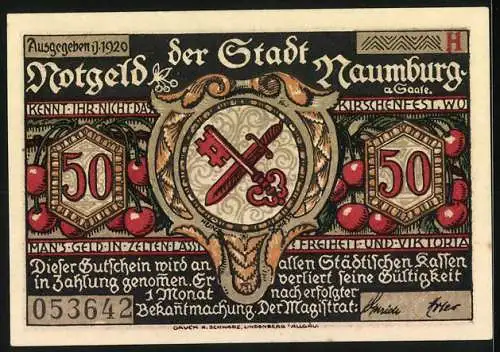 Notgeld Naumburg 1920, 50 Pfennig, Silhouetten und Wappen mit Schlüssel und Schwert, Seriennummer 053642