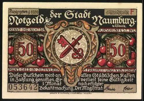 Notgeld Naumburg 1920, 50 Pfennig, Lehrerszene und Wappen mit Schwert und Schlüssel, Seriennummer 053642