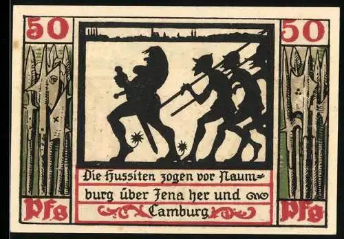 Notgeld Naumburg 1920, 50 Pfennig, Hussitenzug-Silhouette, Wappen mit Schlüssel und Schwert, Seriennummer 53642