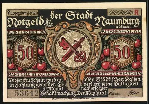 Notgeld Naumburg 1920, 50 Pfennig, Hussitenzug-Silhouette, Wappen mit Schlüssel und Schwert, Seriennummer 53642