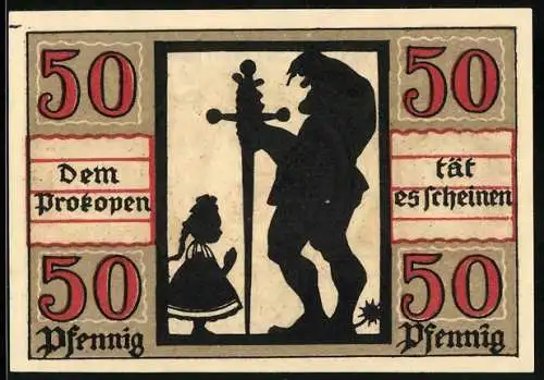 Notgeld Naumburg 1920, 50 Pfennig, Silhouettenmotiv mit Riese und Kind, Wappen mit Schlüsseln, Nr. 53642